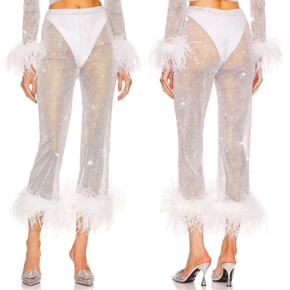 SANTA BRANDS Rhinestone Crystal Embellished Feather Hem Sheer White Pants XS/S